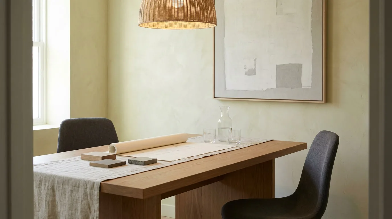 Consultatietafel met plannen en materiaalstalen