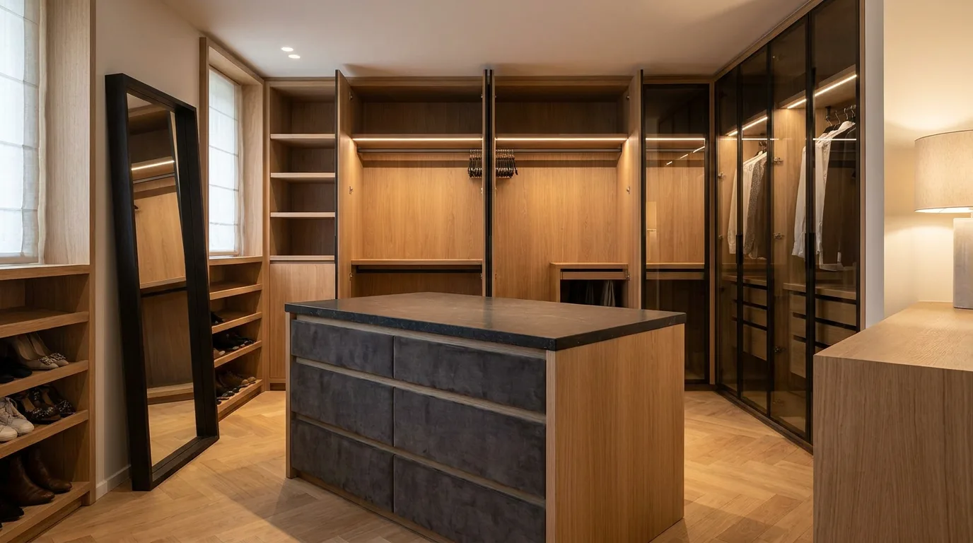 Walk-in dressing op maat met verlichte kasten en centraal eiland — stijl: Belgisch hedendaags