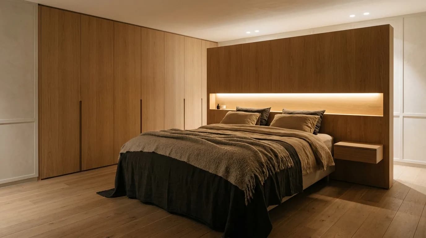 Slaapkamer met hoofdbord op maat, ingebouwde kleerkasten en verdoken verlichting — stijl: Belgisch hedendaags