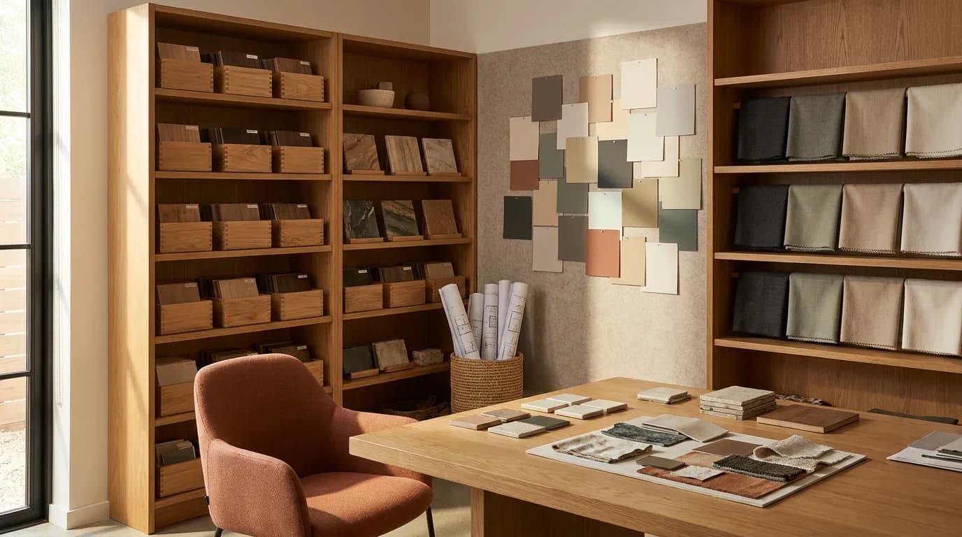 Ontwerpstudio met materiaalstalen, moodboards en plannen